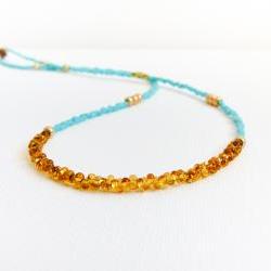Turquoise gold topaz  tiny seed beads necklace,